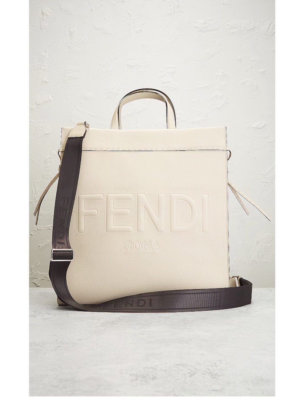 FENDI Roma Embossed Leather Tote in Ivory with attached Black Strap